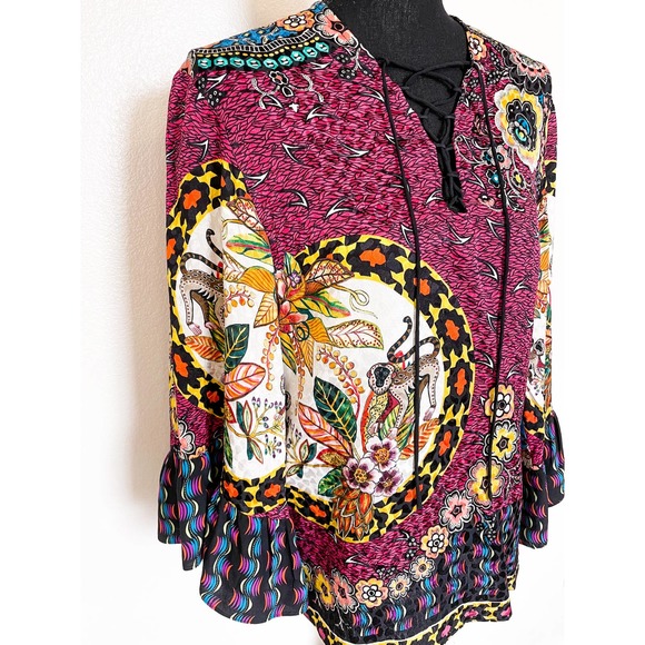 Etro Jungle Silk Lace-up Front Bell Sleeve Blouse Size 42 - Picture 3 of 13
